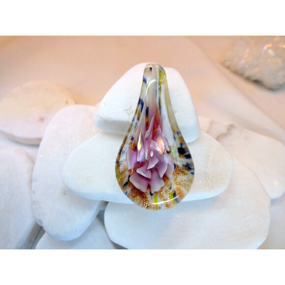 Murano Hand Blown Pink Floral Glass Pendant Copper Yellow Blue - Picture 9 of 9